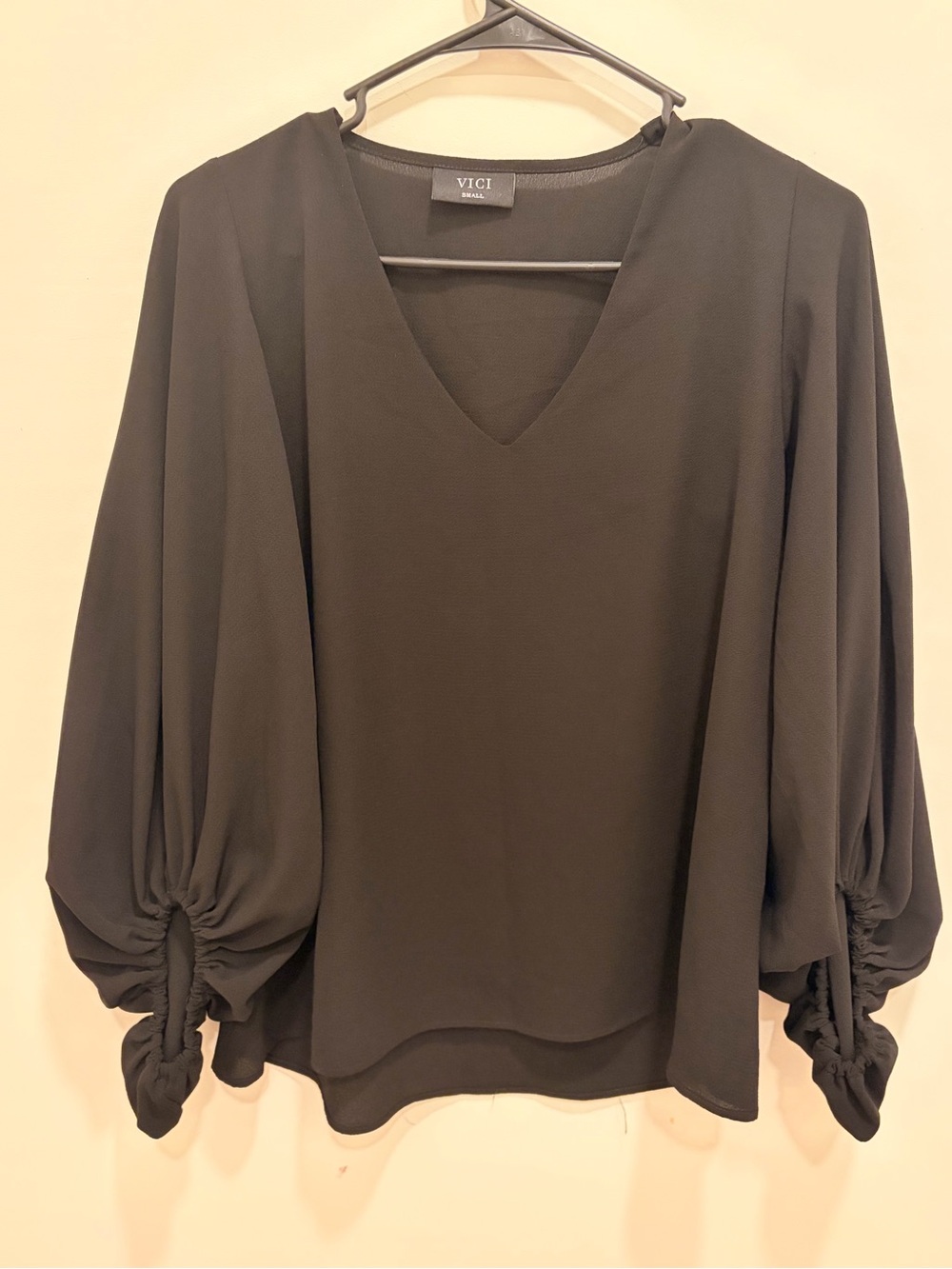 VICI Black V-Neck Balloon Sleeve Blouse with Ruched Cuffs